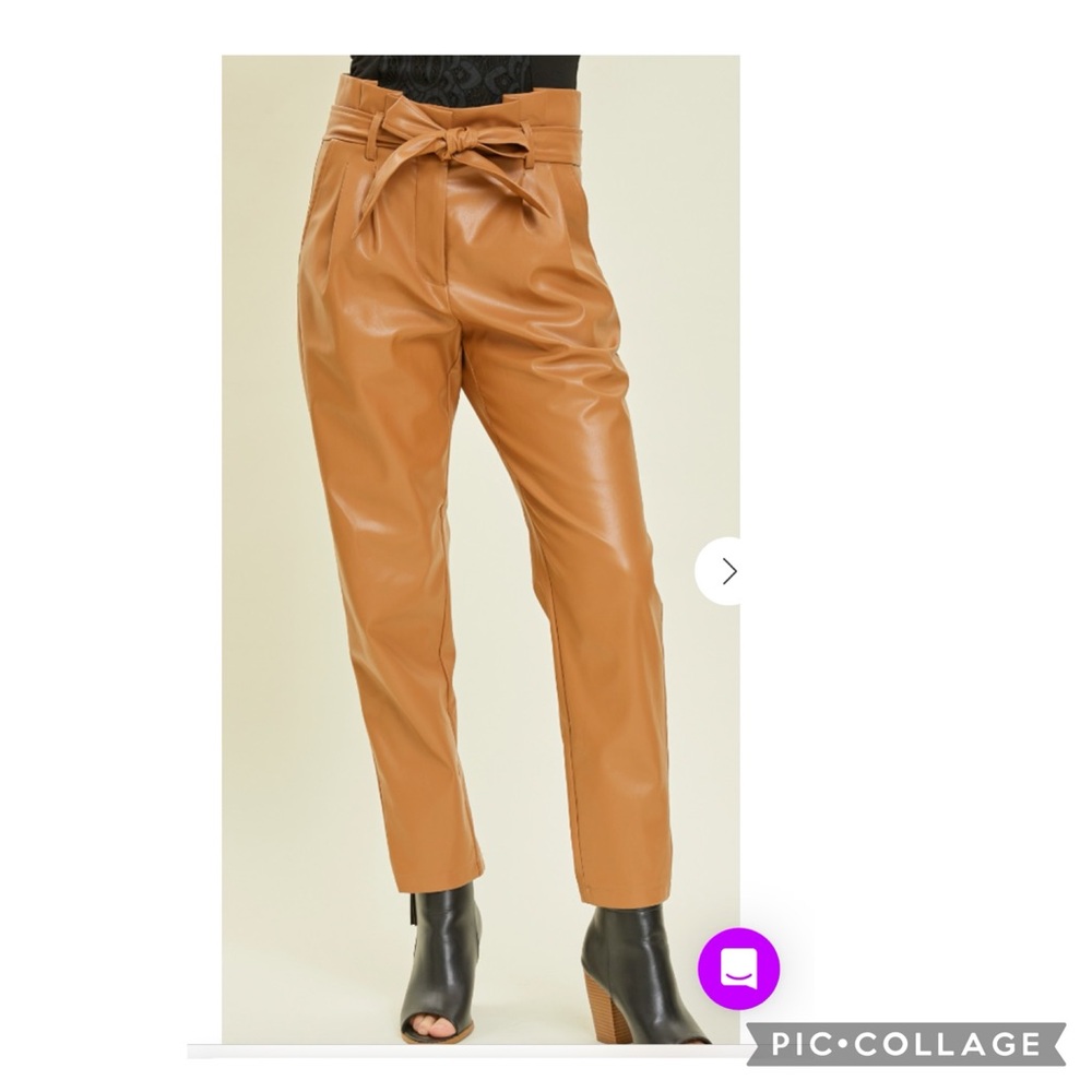 Rewash Brown High-Waisted Faux Leather Trousers with Paper Bag Waist Medium